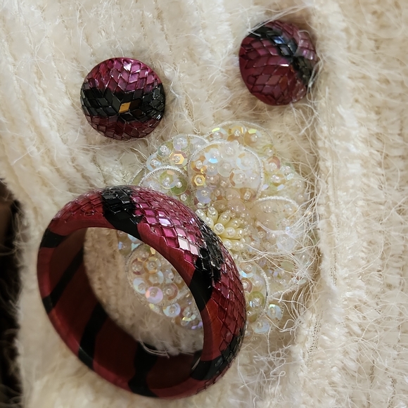 🌺Stunning VTG Barkhor India glass overlay Bracelet/Clip Earrings Pink/Black - Picture 1 of 8